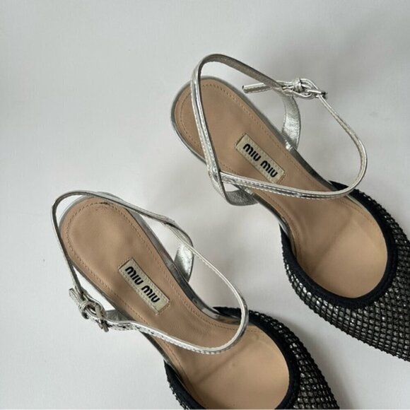 Rare Miu Miu Silver Mesh Black Glitter Kitten Heel sz 7.5 - Picture 5 of 11